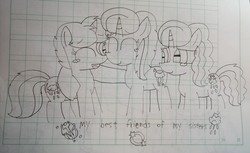 Size: 4903x2992 | Tagged: safe, artist:徐詩珮, oc, oc:betty pop, oc:spring legrt, oc:storm lightning, pony, unicorn, crying, female, friendship, half-siblings, lineart, lined paper, magical lesbian spawn, mare, next generation, offspring, parent:glitter drops, parent:spring rain, parent:tempest shadow, parents:glittershadow, parents:springdrops, parents:springshadow, siblings, sisters, tears of joy, traditional art