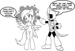 Size: 1081x737 | Tagged: safe, artist:tinker-tock, derpy hooves, oc, oc:chaoscroc, pegasus, anthro, unguligrade anthro, g4, barbie doll anatomy, breasts, confused, derp, dialogue, featureless breasts, monochrome