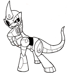 Size: 759x845 | Tagged: safe, artist:tinker-tock, oc, oc only, oc:chaoscroc, pony, robot, robot pony, lineart, monochrome, ponified, raised hoof, solo, thinking