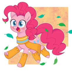 Size: 1175x1200 | Tagged: safe, artist:ch-chau, pinkie pie, earth pony, pony, g4, abstract background, autumn, clothes, cute, diapinkes, female, happy, leaf, leaves, leg warmers, mare, open mouth, scarf, smiling, solo