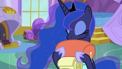 Size: 1920x1080 | Tagged: safe, screencap, princess luna, alicorn, pony, between dark and dawn, g4, backpack, celestia's bedroom, clothes, crown, ethereal mane, eyes closed, eyeshadow, female, fireplace, flowing mane, hawaiian shirt, hoof shoes, jewelry, luggage, makeup, mare, regalia, shirt, solo