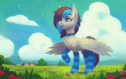 Size: 800x502 | Tagged: safe, artist:rodrigues404, oc, oc only, oc:mareana sweetie, bat pony, pegasus, pony, animated, chest fluff, clothes, fangs, female, gift art, mare, smiling, socks, solo, stockings, striped socks, thigh highs, wind