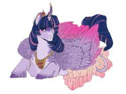 Size: 1249x931 | Tagged: safe, artist:penrosa, twilight sparkle, alicorn, classical unicorn, pony, unicorn, g4, cloven hooves, colored wings, crown, female, gradient wings, horn, horn jewelry, jewelry, leonine tail, prone, regalia, solo, twilight sparkle (alicorn), unshorn fetlocks, wings