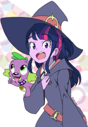 Size: 690x1000 | Tagged: safe, artist:leone di cielo, spike, spike the regular dog, twilight sparkle, dog, equestria girls, g4, akko kagari, anime, clothes, cosplay, costume, female, hat, little witch academia, male, witch, witch hat