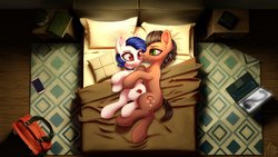 Size: 3200x1800 | Tagged: safe, artist:muggod, oc, oc only, earth pony, pony, bed, bedroom, female, lying down, male, mare, romantic, short tail