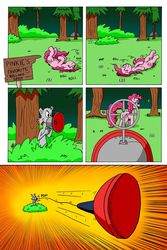 Size: 1024x1536 | Tagged: safe, artist:cartoon-eric, pinkie pie, oc, oc:fred wolfbane, earth pony, pony, comic:pink. it's what's for dinner, g4, comic, grass field, gun, rolling, sign, suction cup, weapon