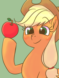 Size: 2448x3264 | Tagged: safe, artist:haibaratomoe, applejack, earth pony, pony, g4, apple, cowboy hat, cute, eye clipping through hair, female, food, green background, hat, high res, jackabetes, mare, simple background, solo