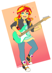 Size: 2100x2990 | Tagged: safe, artist:slimegummie, sunset shimmer, human, equestria girls, g4, abstract background, clothes, converse, cute, electric guitar, female, guitar, happy, high res, jacket, musical instrument, open mouth, shimmerbetes, shoes, smiling, sneakers, solo, stars, sunset shredder