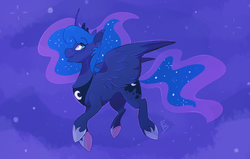 Size: 1735x1100 | Tagged: safe, artist:freckledbastard, princess luna, alicorn, pony, g4, chest fluff, cute, eye clipping through hair, female, flying, hoof shoes, lunabetes, mare, night, open mouth, profile, solo