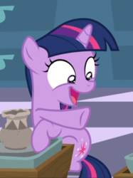 Size: 557x744 | Tagged: safe, screencap, twilight sparkle, pony, unicorn, g4, sparkle's seven, clay, cropped, female, filly, filly twilight sparkle, laughing, open mouth, pointing, pottery, pottery wheel, raised hoof, sitting, solo, unicorn twilight, wide eyes, younger