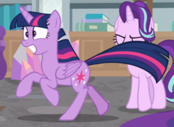Size: 1108x811 | Tagged: safe, screencap, starlight glimmer, twilight sparkle, alicorn, pony, unicorn, g4, sparkle's seven, cropped, excited, eyes closed, faic, female, galloping, mare, shrunken pupils, solo focus, twilight sparkle (alicorn)