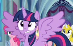 Size: 1494x939 | Tagged: safe, screencap, fluttershy, pinkie pie, rarity, twilight sparkle, alicorn, earth pony, pegasus, pony, unicorn, g4, sparkle's seven, cropped, female, mare, royal guard rarity, shocked, solo focus, spread wings, twilight sparkle (alicorn), wings