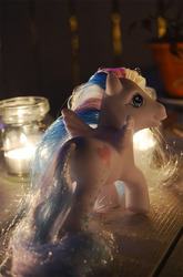 Size: 790x1200 | Tagged: safe, artist:princiest, star catcher, pony, g3, backlighting, candle, irl, photo, table, toy