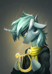 Size: 2480x3508 | Tagged: safe, artist:underpable, lyra heartstrings, pony, unicorn, semi-anthro, fanfic:background pony, g4, arm hooves, clothes, crying, dig the swell hoodie, female, floppy ears, high res, hoodie, human shoulders, lyre, mare, musical instrument, newbie artist training grounds, profile, rain, sad, scarf, solo, teary eyes, wet