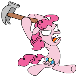 Size: 812x805 | Tagged: safe, artist:logan jones, pinkie pie, earth pony, pony, g4, angry, hammer, leaping, open mouth, screaming, shrunken pupils, simple background, spongebob squarepants, transparent background