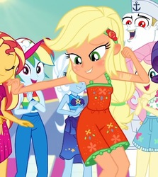 Size: 445x498 | Tagged: safe, screencap, applejack, bulk biceps, fluttershy, rainbow dash, sunset shimmer, trixie, equestria girls, g4, i'm on a yacht, my little pony equestria girls: better together, baseball cap, cap, clothes, cropped, cute, dress, geode of empathy, geode of fauna, geode of shielding, geode of sugar bombs, geode of super speed, geode of super strength, geode of telekinesis, hat, jackabetes, magical geodes, midriff, sailor, sailor hat, sarong, sleeveless, sunburn, swimsuit