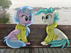 Size: 2007x1490 | Tagged: safe, artist:rainbow eevee, silverstream, terramar, classical hippogriff, hippogriff, pony, g4, bench, brother and sister, clothes, cute, diastreamies, duo, female, hoodie, irl, jacket, male, ocean, photo, ponies in real life, sibling bonding, siblings, sweden, terrabetes, tree, water