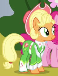 Size: 435x570 | Tagged: safe, screencap, applejack, pinkie pie, earth pony, pony, g4, sparkle's seven, apple chord, cropped, solo focus