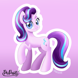 Size: 2733x2733 | Tagged: safe, artist:piripaints, starlight glimmer, pony, unicorn, g4, cute, female, glimmerbetes, happy, high res, looking at you, mare, purple background, raised hoof, simple background, solo