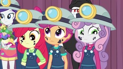 Size: 1280x720 | Tagged: safe, screencap, apple bloom, bulk biceps, rarity, scootaloo, sweetie belle, equestria girls, g4, happily ever after party, my little pony equestria girls: choose your own ending, adorabloom, clothes, costume, cute, cutealoo, cutie mark crusaders, cyoa, diasweetes, female, helmet, miner, mining helmet, siblings, sisters