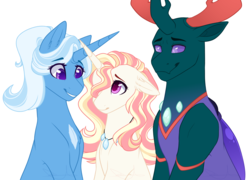 Size: 3608x2600 | Tagged: safe, artist:purplegrim40, pharynx, trixie, oc, changedling, changeling, changepony, hybrid, g4, family, fanfic in the description, high res, interspecies offspring, offspring, parent:pharynx, parent:trixie, parents:phartrix, phartrix, prince pharynx, simple background, white background