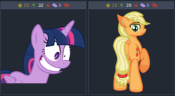 Size: 509x280 | Tagged: safe, artist:zeka10000, applejack, twilight sparkle, alicorn, earth pony, pony, derpibooru, g4, applebutt, butt, dock, ear fluff, exasperated face, featureless crotch, female, frog (hoof), full body, implied lesbian, implied shipping, implied twijack, juxtaposition, juxtaposition win, lol, looking back, meme, meta, missing accessory, plot, presenting, simple background, smiling, standing, twilight sparkle (alicorn), twilynanas, underhoof, want