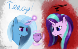 Size: 1072x678 | Tagged: safe, artist:renarde-louve, starlight glimmer, trixie, pony, unicorn, all bottled up, g4, bust, glowing horn, horn, magic, telekinesis