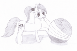 Size: 2048x1353 | Tagged: safe, artist:ragmo, oc, oc only, oc:swift sword, pony, unicorn, atg 2019, bandage, female, monochrome, newbie artist training grounds, simple background, standing, traditional art