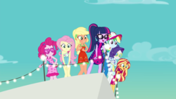 Size: 1920x1080 | Tagged: safe, screencap, applejack, fluttershy, pinkie pie, rainbow dash, rarity, sci-twi, sunset shimmer, twilight sparkle, equestria girls, g4, i'm on a yacht, my little pony equestria girls: better together, female, humane five, humane seven, humane six, luxe deluxe, sleeveless, sunburn