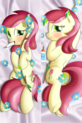 Size: 3334x5000 | Tagged: safe, artist:bluemeganium, roseluck, earth pony, pony, g4, student counsel, blushing, body pillow, butt, embarrassed, female, flower, glue, leaves, looking at you, on back, plot, rosebutt, silly, silly pony, solo, stick, strategically covered