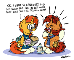 Size: 1927x1558 | Tagged: safe, artist:bobthedalek, stellar flare, sunburst, pony, unicorn, angry, apron, atg 2019, blaze (coat marking), bread, clothes, coat markings, cup, dialogue, duo, exact words, facial markings, female, food, implied starburst, implied starlight glimmer, literal, male, mare, messy mane, misunderstanding, mother and son, naked apron, newbie artist training grounds, oven mitts, painfully innocent sunburst, pun, reeee, screaming, sexually oblivious, sitting, socks (coat markings), sons gonna son, stallion, stellar flare is not amused, sunburst is a goddamn genius, sunburst is a goddamn moron, teacup, teapot, that pony sure does want grandfoals, trolling, visual pun