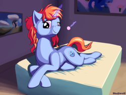 Size: 2005x1512 | Tagged: safe, artist:shaliwolf, oc, oc only, unnamed oc, pony, unicorn, bed, candy, crossover, food, lollipop, lying on bed, solo