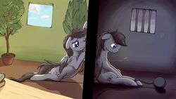 Size: 1920x1080 | Tagged: safe, artist:shaliwolf, oc, oc only, unnamed oc, pegasus, pony, ball and chain, book, contrast, duality, floppy ears, potted plant, prison, prisoner, sad, sitting, wall, window