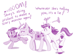 Size: 1280x967 | Tagged: safe, artist:dstears, shining armor, twilight sparkle, twilight velvet, pony, unicorn, g4, annoyed, brother and sister, cross-popping veins, crying, cute, dialogue, female, filly, filly twilight sparkle, floppy ears, food, male, mare, mother and child, mother and daughter, mother and son, parenting, saddle bag, siblings, unicorn twilight, we never had one single fight, younger