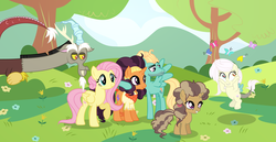 Size: 7624x3920 | Tagged: safe, artist:velveagicsentryyt, discord, fluttershy, saffron masala, zephyr breeze, oc, oc:destiny, butterfly, hybrid, pony, unicorn, g4, female, filly, interspecies offspring, male, offspring, parent:discord, parent:fluttershy, parent:saffron masala, parent:zephyr breeze, parents:discoshy, parents:saffron breeze, saffron breeze, ship:discoshy, shipping, straight