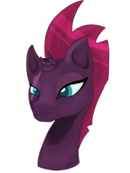 Size: 1280x1707 | Tagged: safe, artist:crystal-creations, tempest shadow, pony, g4, beautiful, broken horn, bust, cracked horn, eye scar, female, frown, horn, lidded eyes, mohawk, no more ponies at source, portrait, scar, simple background, solo, transparent background