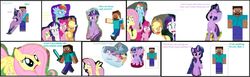 Size: 1280x392 | Tagged: safe, artist:mlpcutecrossovers, edit, edited screencap, screencap, applejack, fluttershy, pinkie pie, rainbow dash, rarity, twilight sparkle, alicorn, pony, amending fences, father knows beast, g4, party of one, school raze, sparkle's seven, the beginning of the end, the crystal empire, the point of no return, 1000 hours in ms paint, angry, bipedal, blushing, cropped, crossover, crossover shipping, crying, dialogue, embarrassed, female, happy, kissing, liar, lies, male, minecraft, op is a duck, out of character, running, scared, shipping, shocked, steve, stevelight, straight, twilight sparkle (alicorn), worried