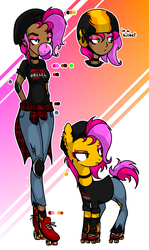 Size: 1488x2500 | Tagged: safe, artist:bonpikabon, oc, oc only, oc:rock'n rolla, earth pony, human, pony, bubblegum, choker, clothes, dark skin, ear piercing, earring, elbow pads, eyebrow piercing, eyeshadow, female, flannel, food, gum, helmet, humanized, humanized oc, jeans, jewelry, knee pads, lip piercing, makeup, mare, pants, piercing, reference sheet, roller skates, self paradox, self ponidox, shirt, shoes, socks, solo, t-shirt, tail wrap, torn clothes