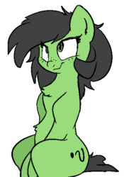 Size: 367x524 | Tagged: safe, artist:lockhe4rt, artist:luzion, editor:luzion, oc, oc only, oc:filly anon, earth pony, pony, belly fluff, chest fluff, colored, female, filly, freckles, looking up, monochrome, question mark, simple background, sitting, sketch, smiling, smirk, solo, transparent background