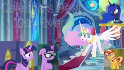 Size: 2048x1152 | Tagged: safe, artist:90sigma, editor:lonely fanboy48, princess celestia, princess luna, sci-twi, sunset shimmer, twilight sparkle, alicorn, unicorn, fanfic:celestia's best day ever, equestria girls, equestria girls specials, g4, my little pony equestria girls: better together, my little pony equestria girls: forgotten friendship, my little pony equestria girls: spring breakdown, canterlot, equestria girls ponified, fanfic, fanfic art, fanfic cover, glasses, shocked, throne, throne room, twilight sparkle (alicorn), unicorn sci-twi