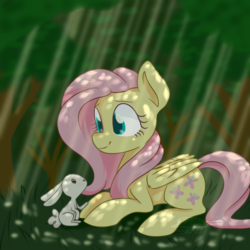 Size: 1350x1350 | Tagged: safe, artist:imaplatypus, angel bunny, fluttershy, pegasus, pony, g4, cute, dappled sunlight, duo, female, forest, mare, prone, shyabetes, smiling, tree