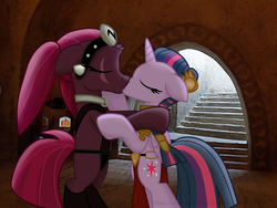Size: 3059x2298 | Tagged: safe, artist:ejlightning007arts, tempest shadow, twilight sparkle, alicorn, pony, g4, bipedal, crossover, duo, female, high res, jabba's palace, kiss on the lips, kissing, lesbian, mare, oola, princess leia, ship:tempestlight, shipping, slave, slave leia outfit, star wars, star wars: return of the jedi, twilight sparkle (alicorn)