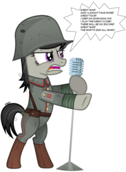 Size: 789x1080 | Tagged: safe, artist:a4r91n, edit, octavia melody, earth pony, pony, g4, bipedal, clothes, female, german, great war (sabaton), hooves, kriegtavia, lyrics, mare, metal, microphone, open mouth, puttees, sabaton, simple background, singing, solo, stahlhelm, text, uniform, white background, world war i