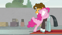 Size: 800x450 | Tagged: safe, screencap, pinkie pie, sans smirk, earth pony, pony, g4, the last laugh, animated, clothes, cute, diapinkes, duo, female, gif, implied cheese sandwich, male, mare, mask, stallion, suit