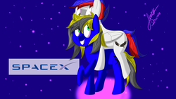 Size: 2560x1440 | Tagged: safe, artist:jimmy draws, oc, oc only, oc:doodman, oc:speedy patriot, pegasus, pony, commission, cute, hug, ponies riding ponies, ponified, riding, smiling, space, spacex