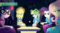 Size: 1281x720 | Tagged: safe, screencap, applejack, fluttershy, rainbow dash, rarity, sci-twi, twilight sparkle, equestria girls, equestria girls series, g4, sunset's backstage pass!, spoiler:eqg series (season 2), cowboy hat, female, food, glasses, hat, look of disapproval, looking at you, marshmallow, spanish, spanish text, upset, watermark