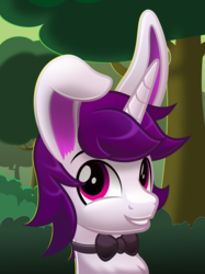 Size: 5535x7415 | Tagged: safe, artist:jhayarr23, oc, oc only, oc:lapush buns, bunnycorn, pony, unicorn, bowtie, bunny ears, bust, forest, looking at you, male, portrait, smiling, solo, stallion, tree, vector