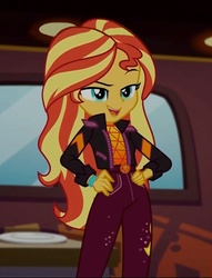 Size: 821x1072 | Tagged: safe, edit, edited screencap, screencap, sunset shimmer, equestria girls, equestria girls series, g4, my little pony equestria girls: sunset's backstage pass, spoiler:eqg series (season 2), bread, clothes, cropped, female, food, geode of empathy, hand on hip, magical geodes, music festival outfit, raised eyebrow, solo, toast, toaster, van