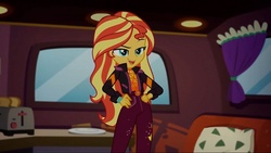 Size: 1920x1080 | Tagged: safe, edit, edited screencap, screencap, sunset shimmer, equestria girls, equestria girls series, g4, sunset's backstage pass!, spoiler:eqg series (season 2), bread, clothes, food, geode of empathy, magical geodes, music festival outfit, toast, toaster, van
