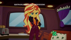 Size: 1920x1080 | Tagged: safe, screencap, sunset shimmer, equestria girls, equestria girls specials, g4, my little pony equestria girls: better together, my little pony equestria girls: sunset's backstage pass, bread, clothes, discovery kids, food, geode of empathy, magical geodes, music festival outfit, spanish, toast, toaster, van